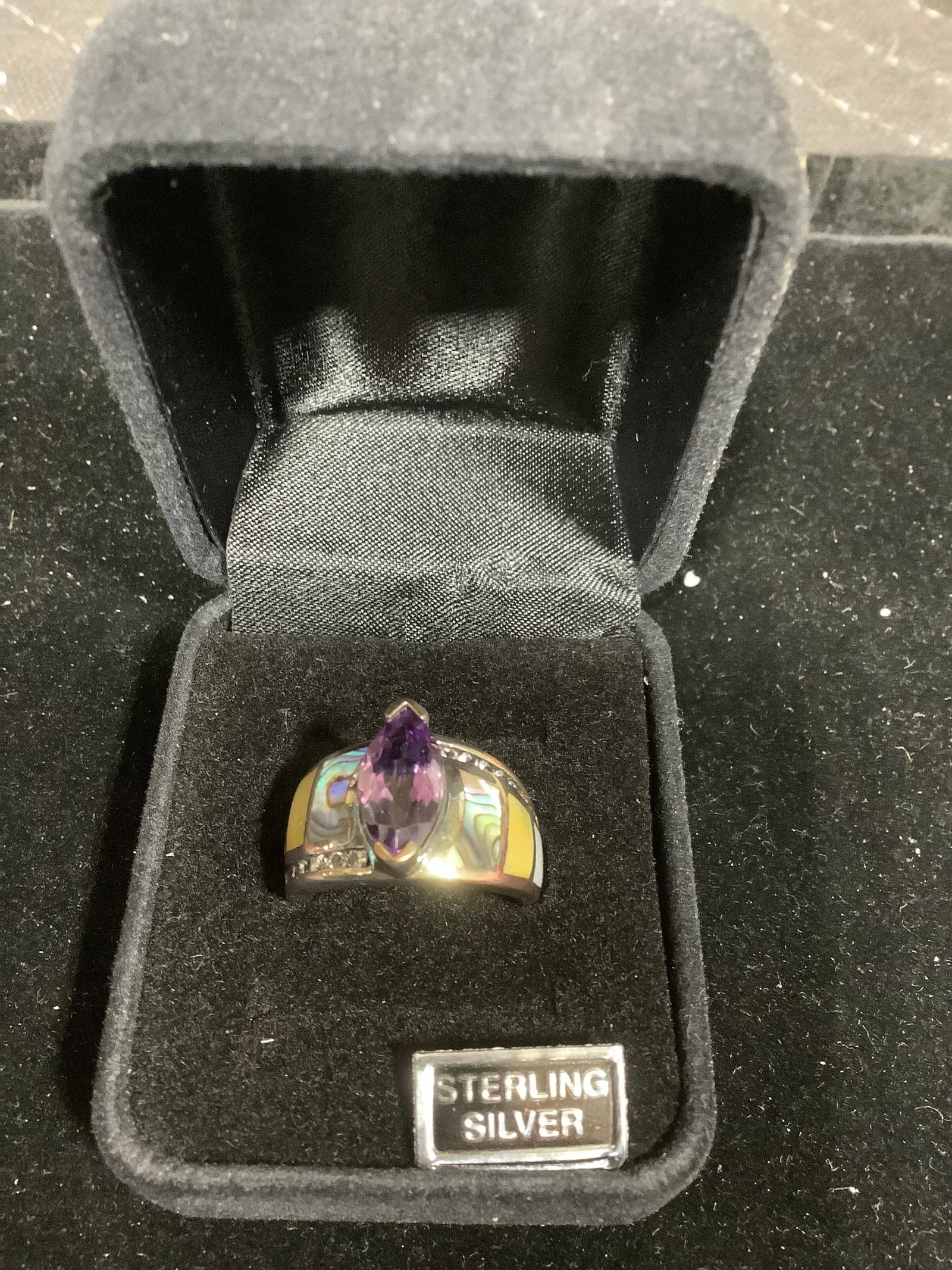 Sterling amethyst, white topaz & gem inlay ring*new in package*(8): Sterling amethyst, white topaz & gem inlay ring*new in package*(8)