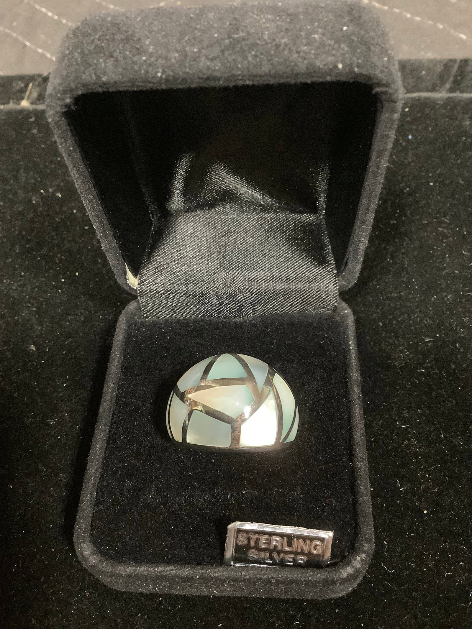 Sterling mother of pearl mosaic blue domed ring*new in package*(8) (1 of 1)