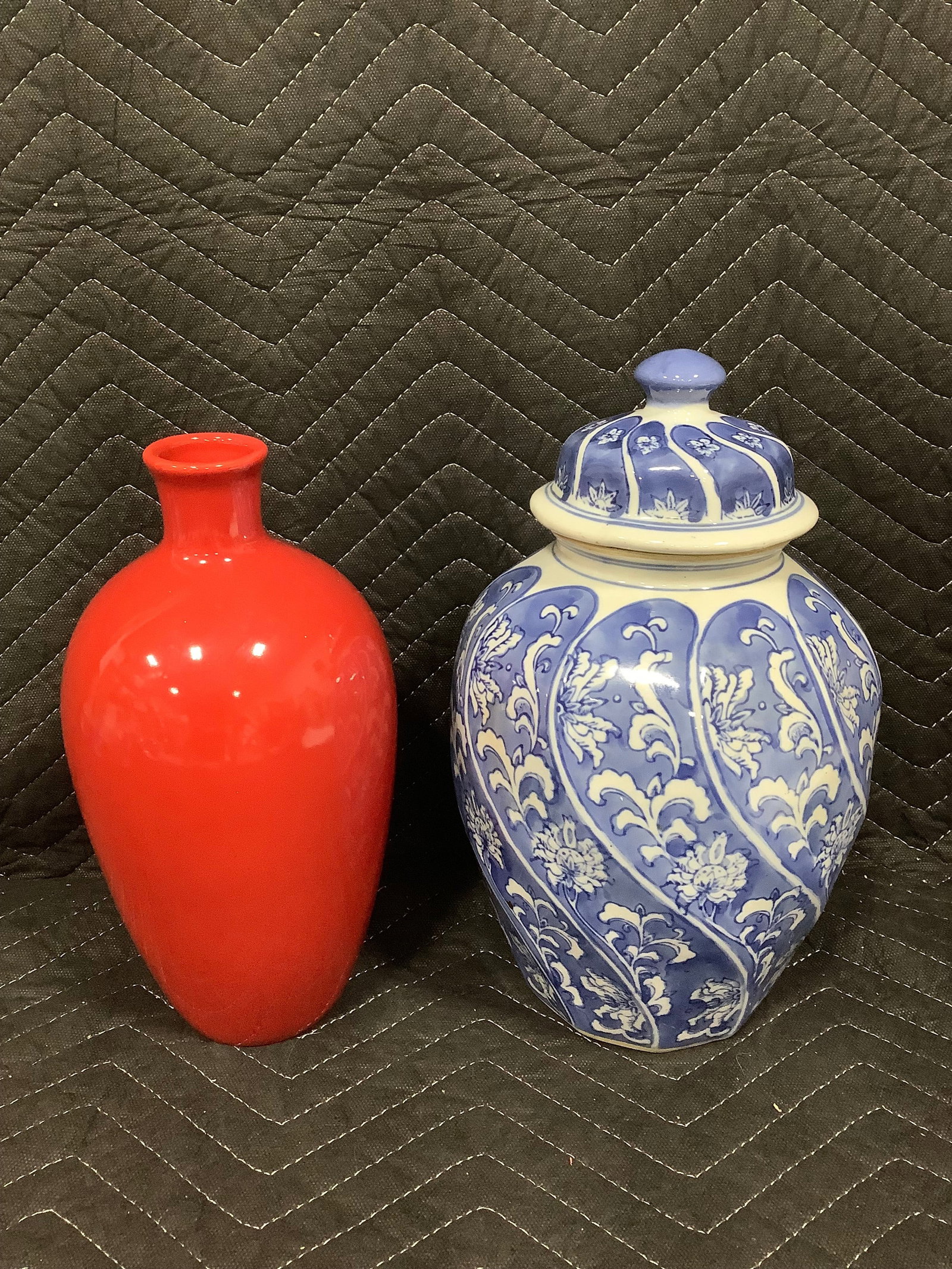 Red ceramic vase and blue and white ceramic lidded jar(12in tall) (1 of 1)