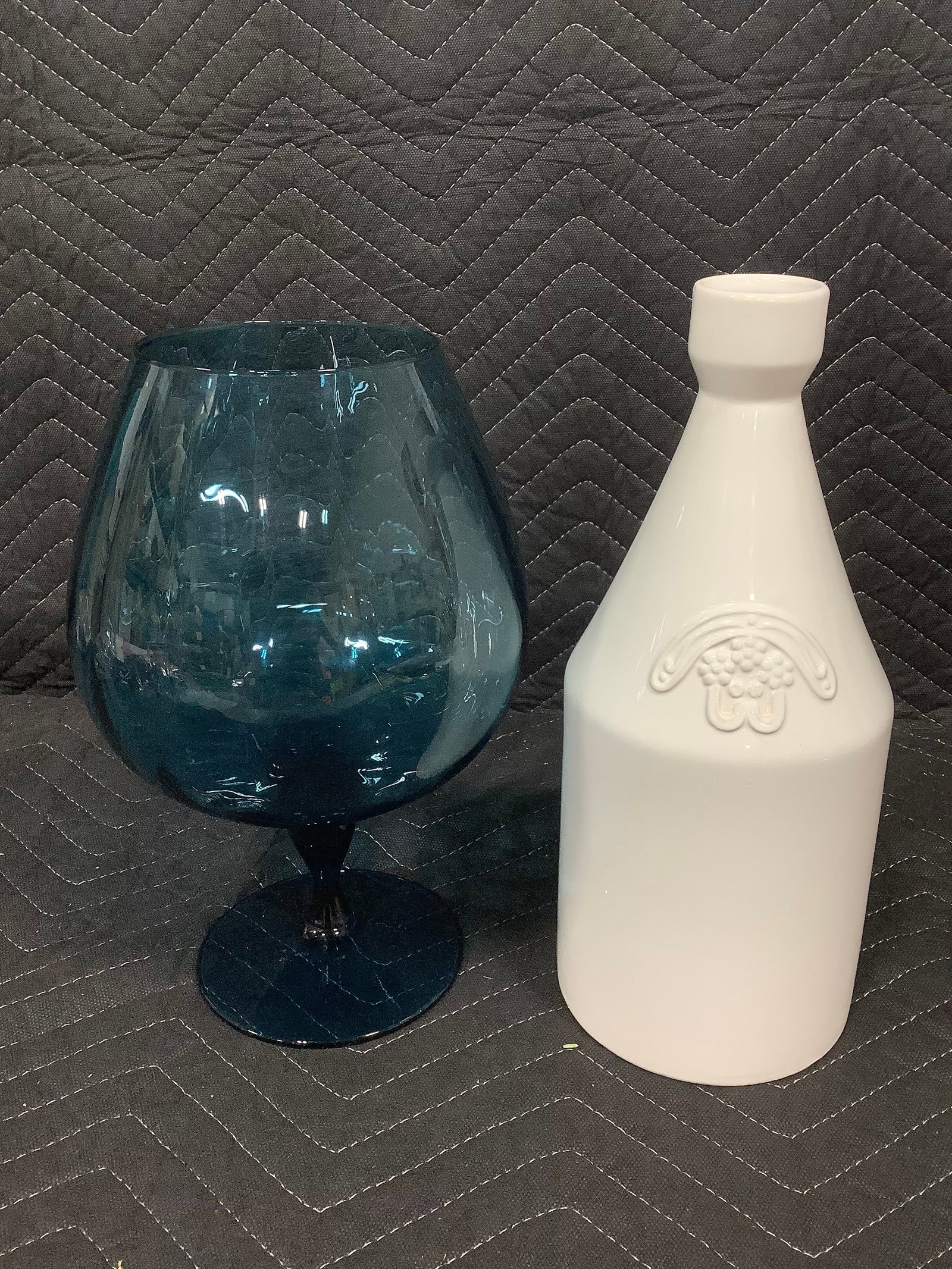 Blue glass snifter style bowl and vintage opaque milk bottle(12in tall): Blue glass snifter style bowl and vintage opaque milk bottle(12in tall)