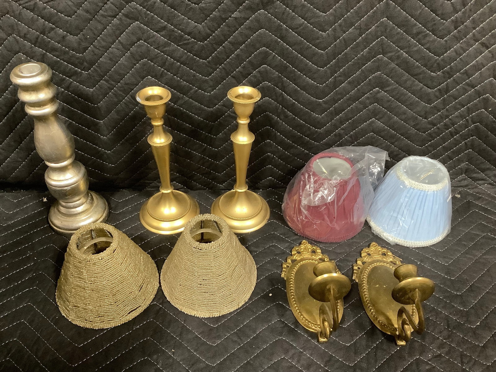 Silvertone ceramic candlestick, brass candlestick, and pair of brass wall candleholders (1 of 1)