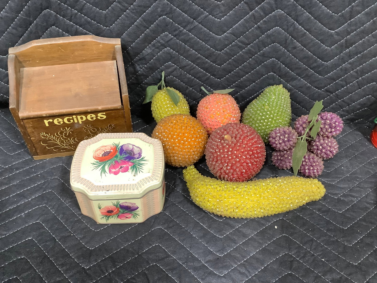 Vintage beaded faux fruit, vintage hinged tin, and wooden recipe box (1 of 1)