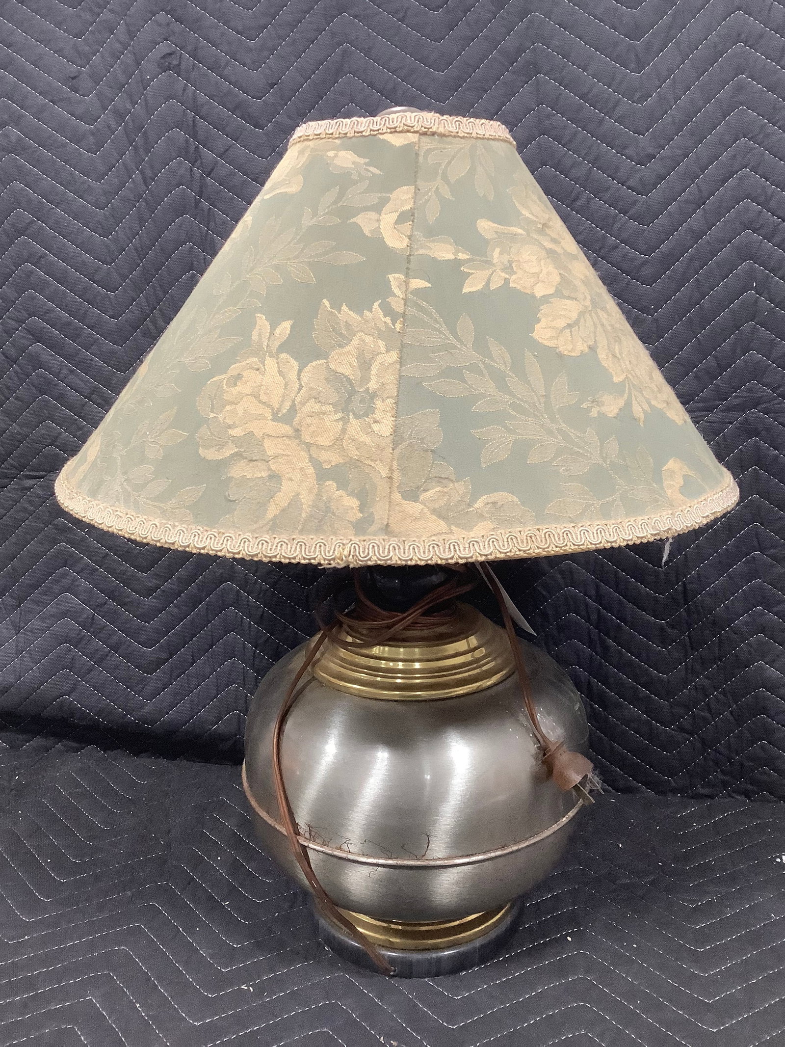 Gray and brass glibe with wide green floral shade(24in tall) (1 of 1)