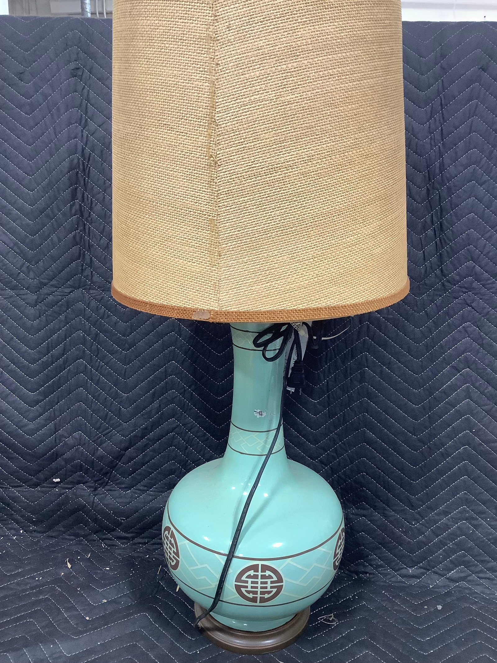 Tall Teal Globe Lamp with Brown Asian Symbols and Shade (35in Tall): Tall Teal Globe Lamp with Brown Asian Symbols and Shade (35in Tall)