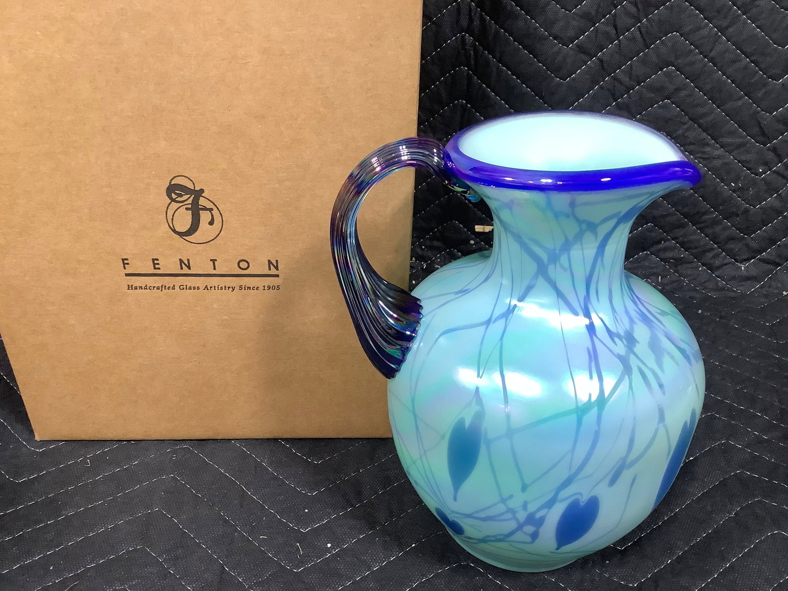 Willow Green Opalescent with Cobalt Blue Hanging Hearts Pitcher (8.5in Tall): Willow Green Opalescent with Cobalt Blue Hanging Hearts Pitcher (8.5in Tall)