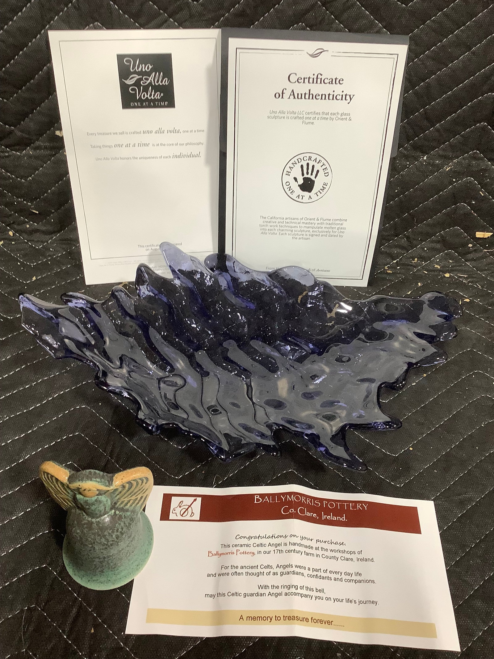 Uno Alla Volta Art Glass Dish (13.5in Long), and Pottery Angel Figure (1 of 1)