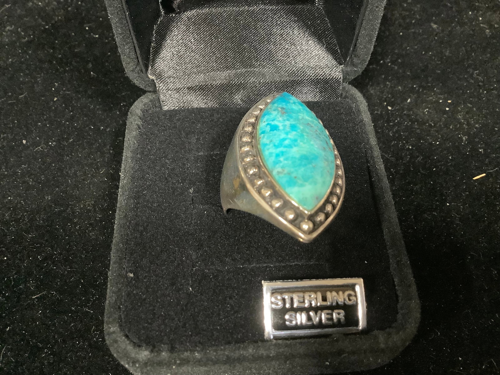 Sterling Elongated Marquise - Turquoise with Bead Detail (Size: 8): Sterling Elongated Marquise - Turquoise with Bead Detail (Size: 8)