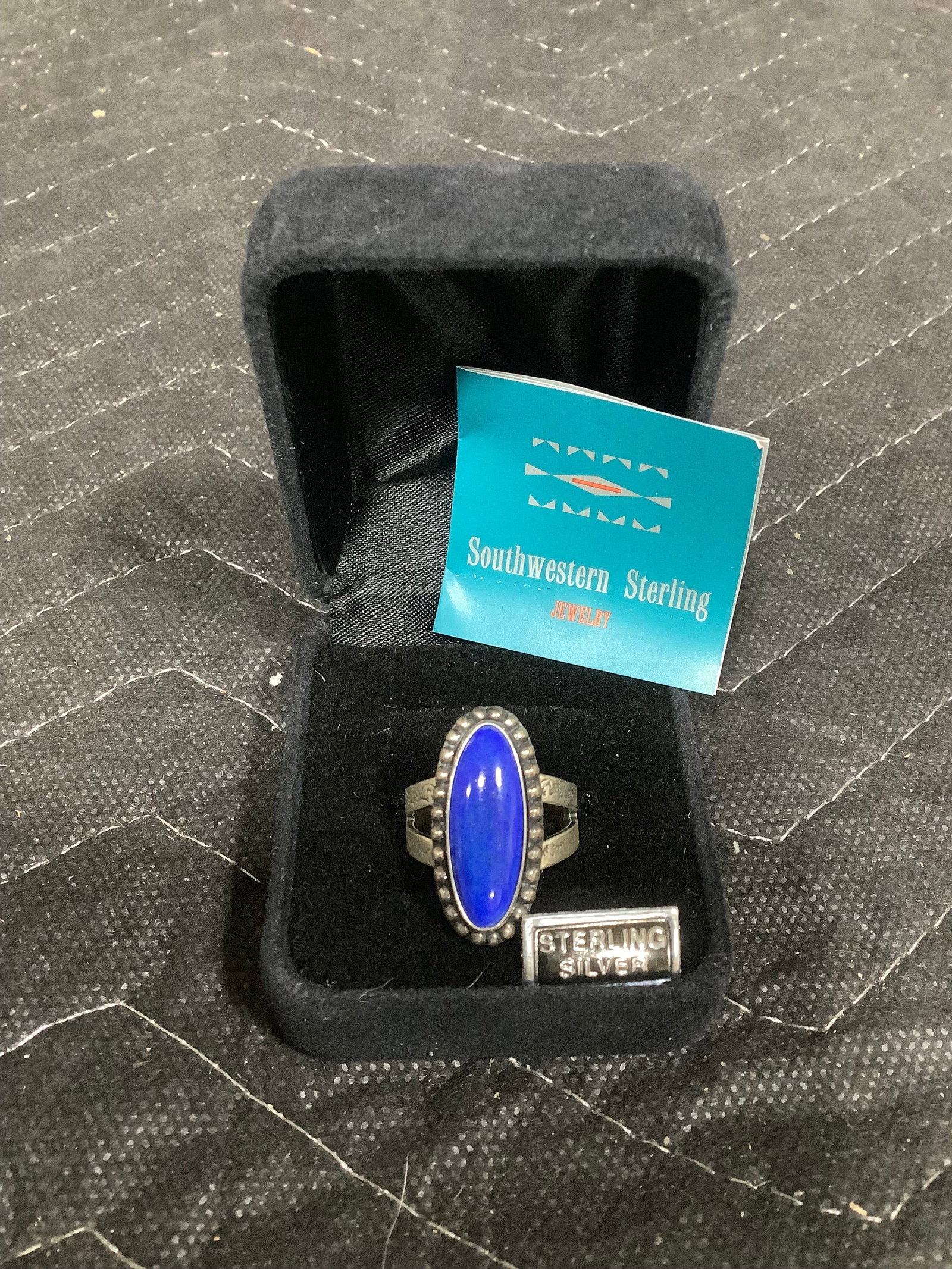 Southwestern sterling beaded oval gemstone lapis ring(8): Southwestern sterling beaded oval gemstone lapis ring(8)