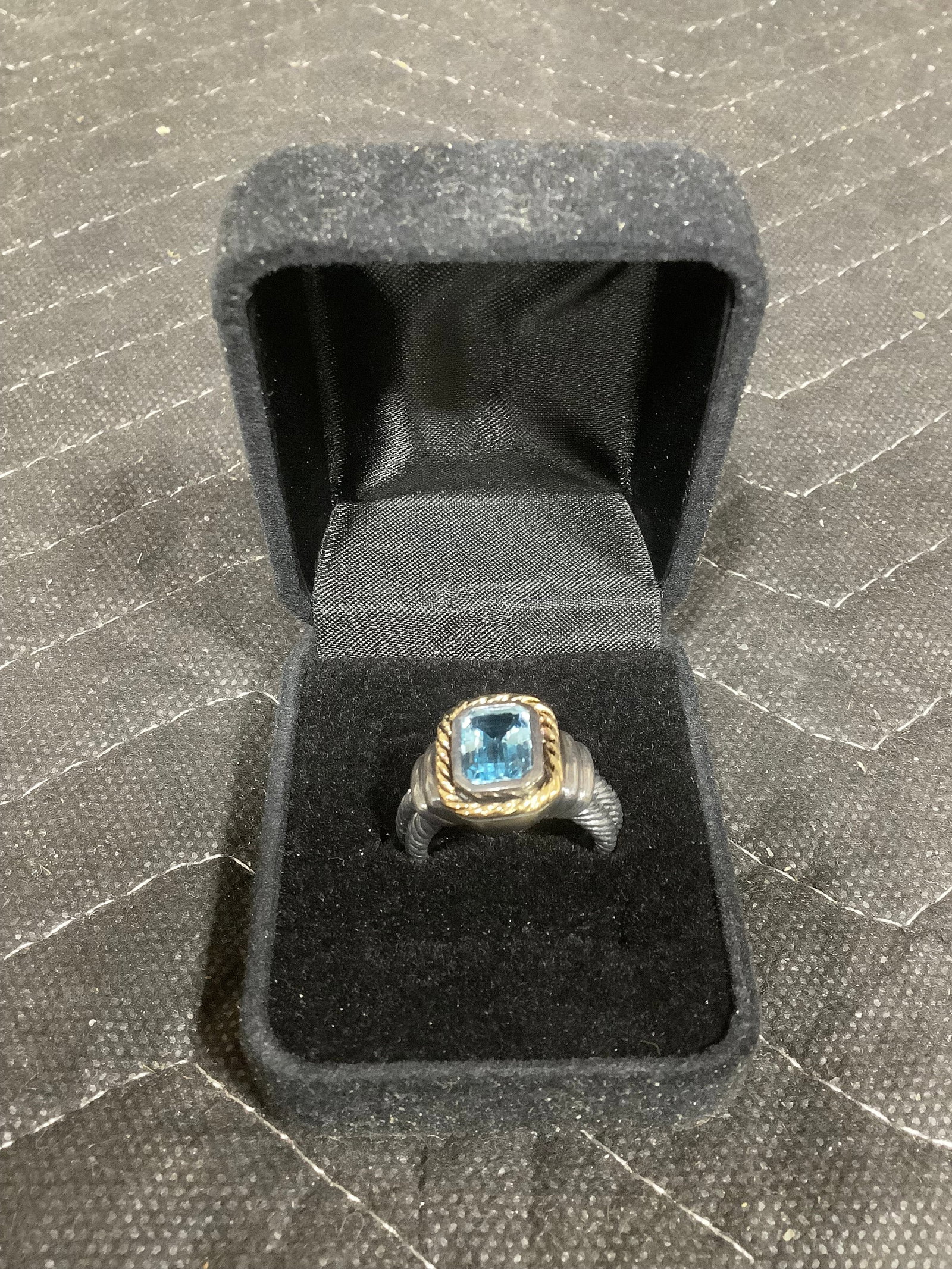 Emerald cut gemstone cable shank ring sterling/14k blue topaz(8): Emerald cut gemstone cable shank ring sterling/14k blue topaz(8)