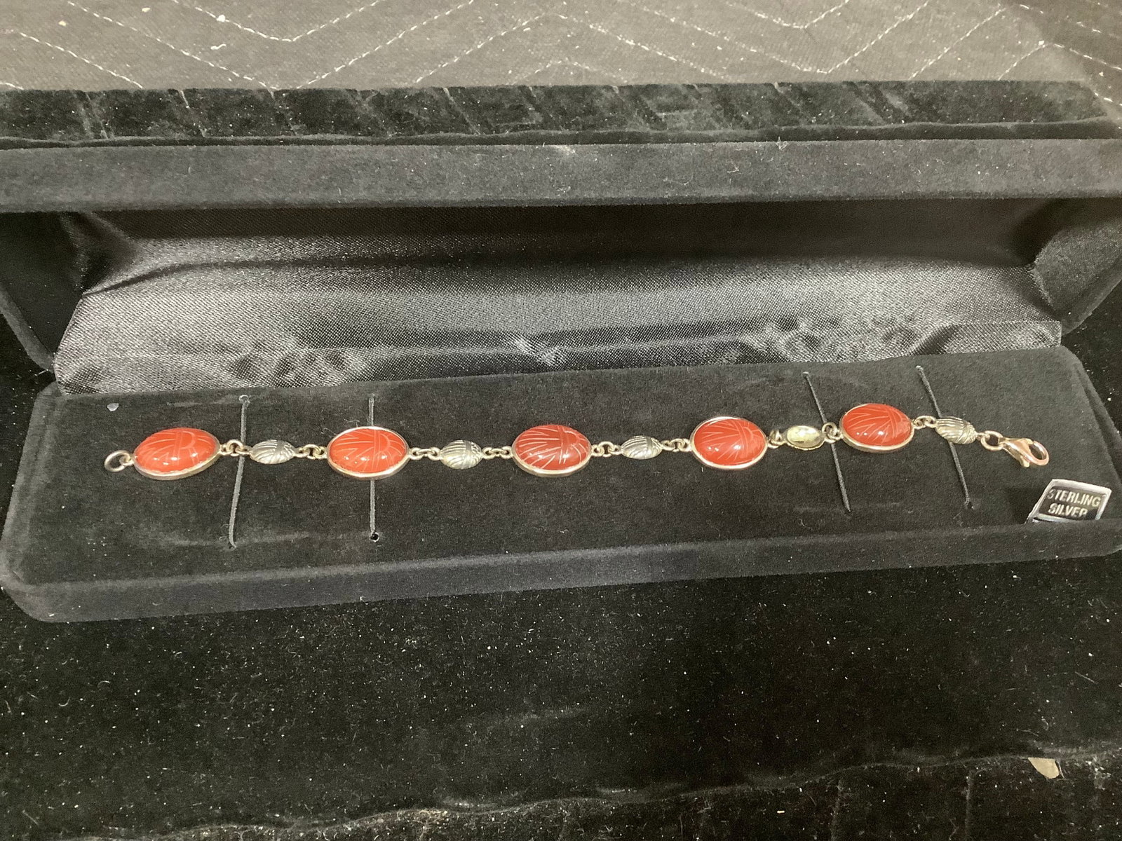 Sterling 7 1/2in Oval Gemstone & Scarab Link Bracelet (1 of 1)