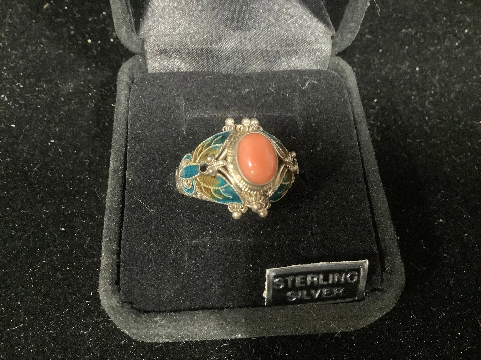 Artisan Crafted Sterling Cloisonne and Pink Coral Ring (Size: 7): Artisan Crafted Sterling Cloisonne and Pink Coral Ring (Size: 7)