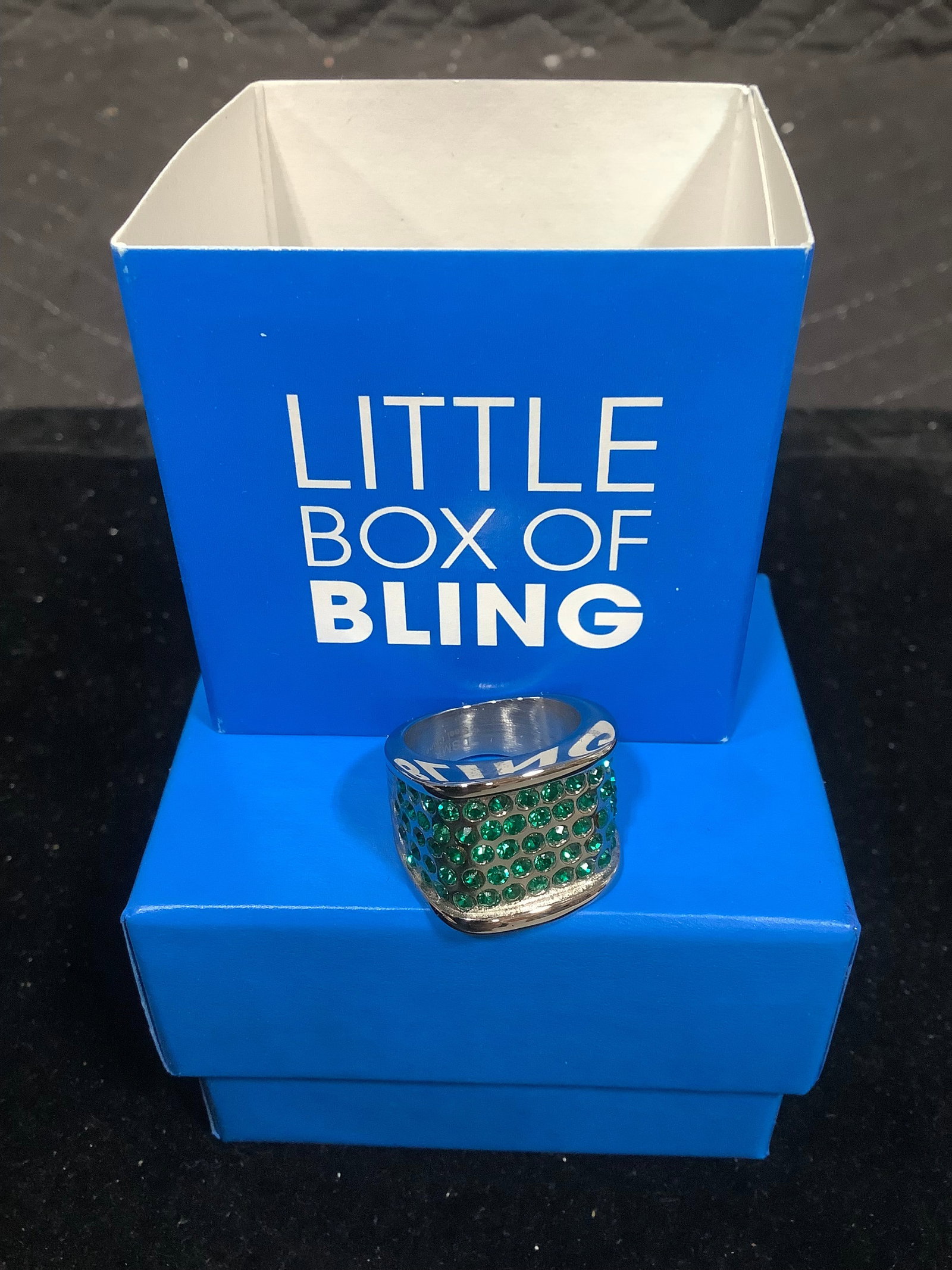 Stainless Steel Pave Squared Green Ring (Size: 5): Stainless Steel Pave Squared Green Ring (Size: 5)