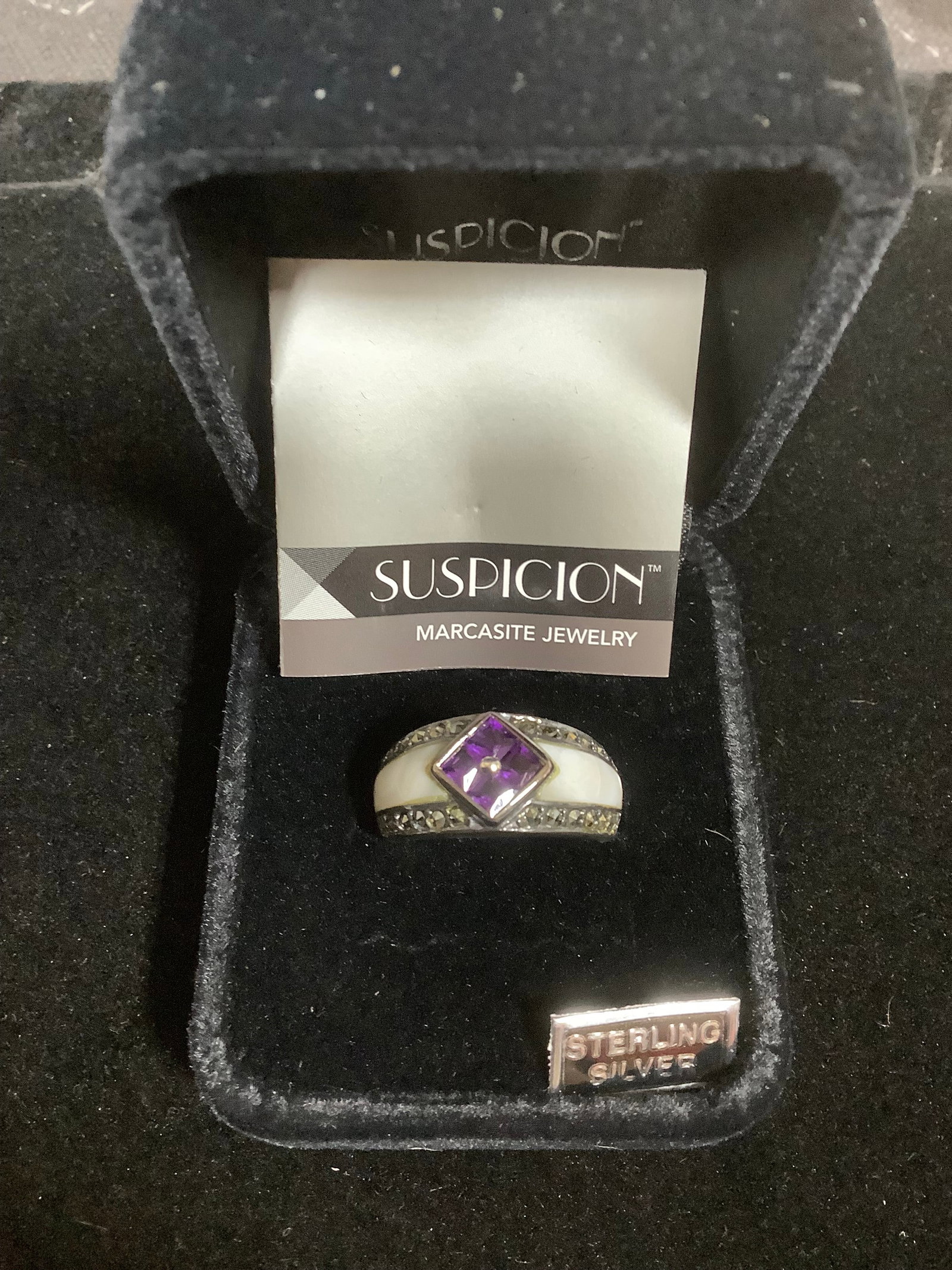 Suspicion Sterling Marcasite Mother of Pearl & Amethyst Ring (Size: 7): Suspicion Sterling Marcasite Mother of Pearl & Amethyst Ring (Size: 7)