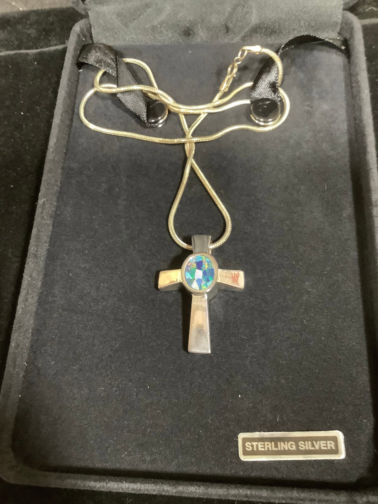 Australian Opal Doublet & White Zircon Sterling Cross Necklace (1 of 1)