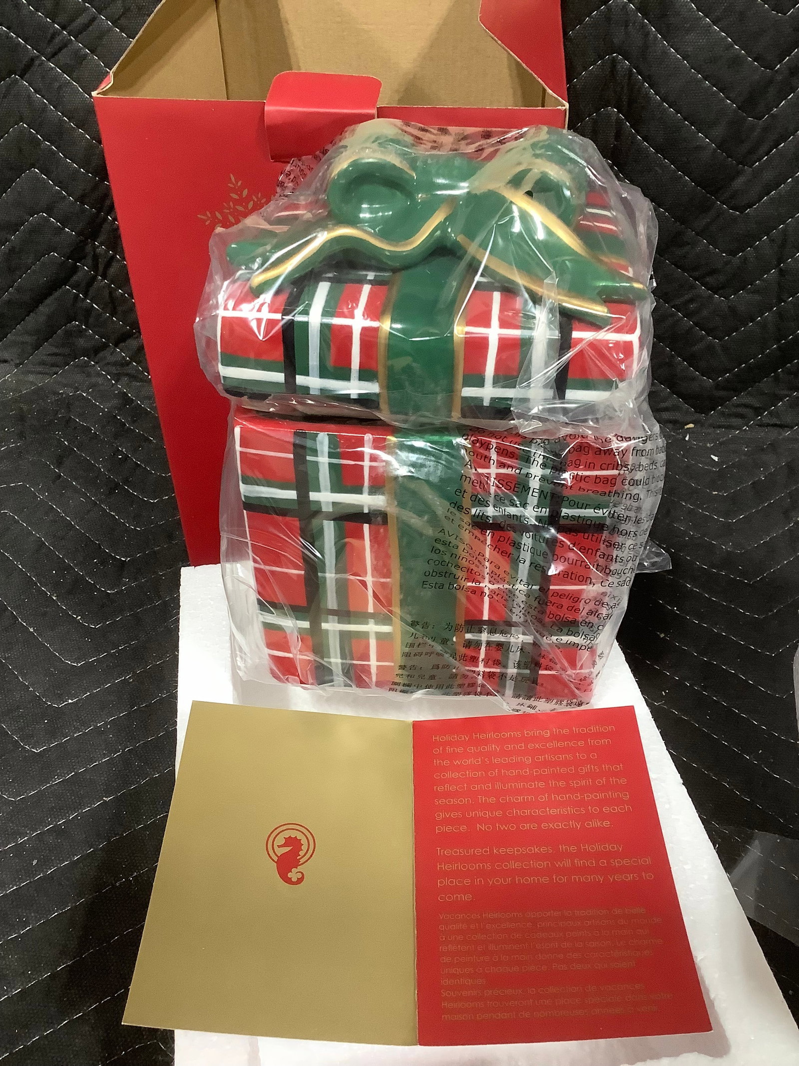 Waterford holiday heirlooms 6.5'' ceramic present candy jar with plaid (1 of 1)