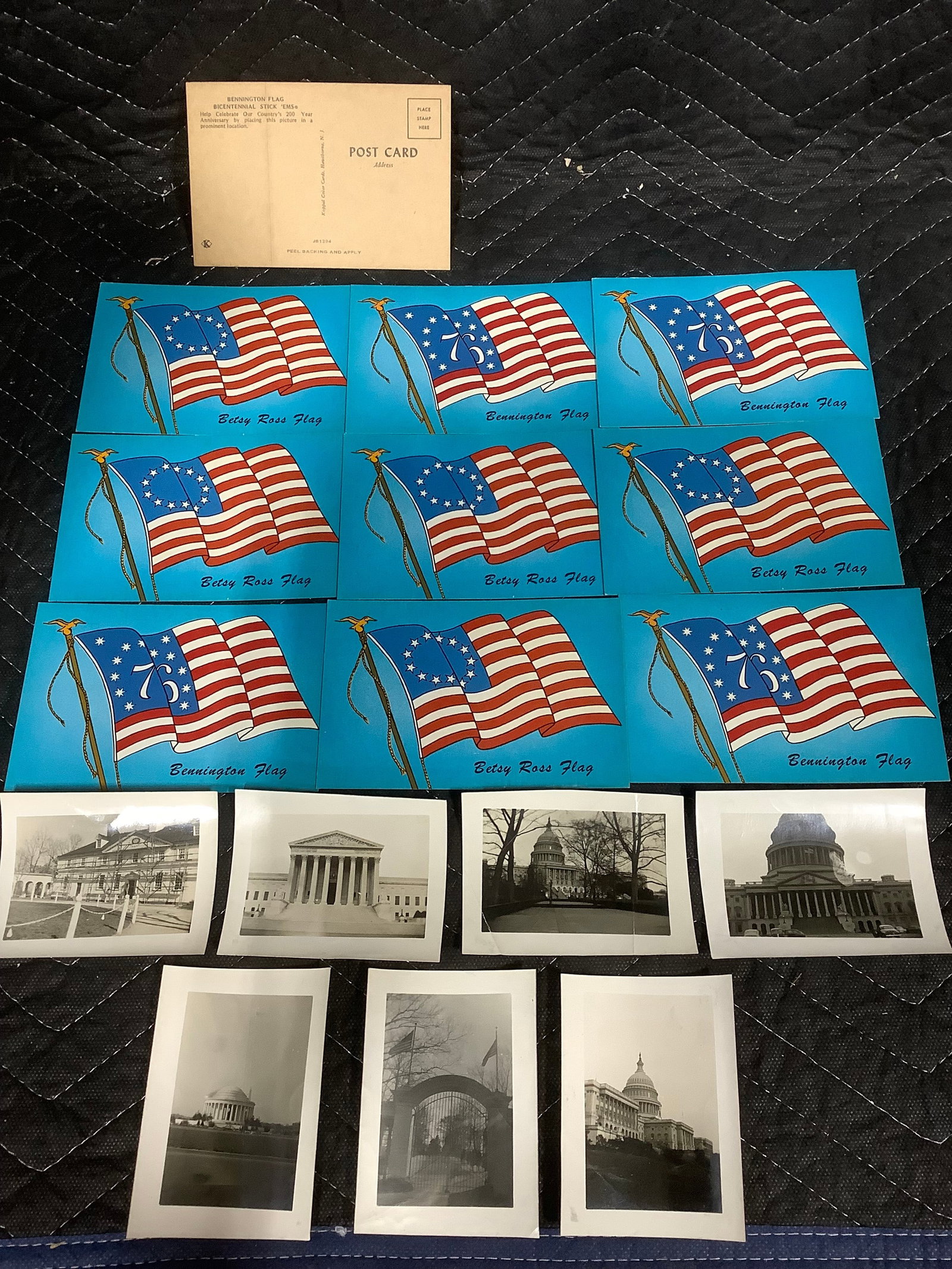 Vintage bicentennial Bennington and Betsy Ross flagsticker postcards(unposted) and vintage 1940s (1 of 1)