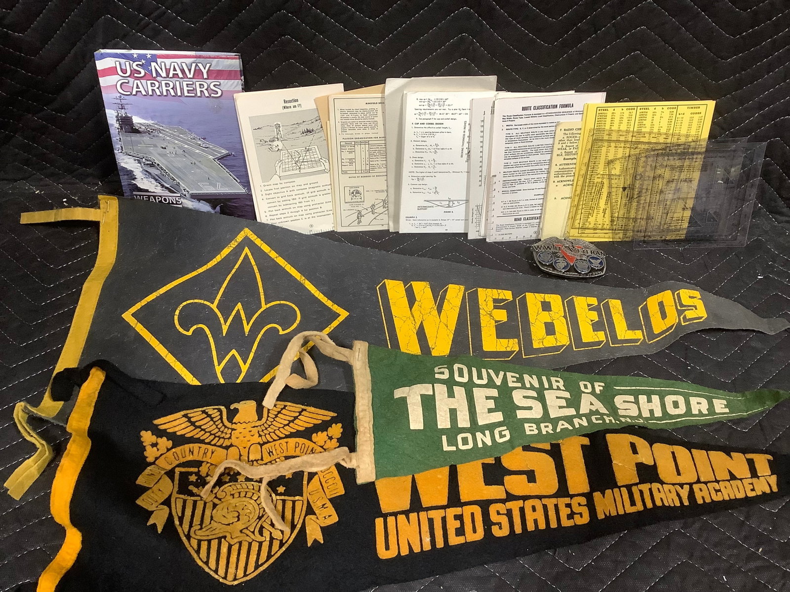 Vintage WWII veteran belt buckle and vintage west point military academy and Webelos: Vintage WWII veteran belt buckle and vintage west point military academy and Webelos pennants(longest 29in)