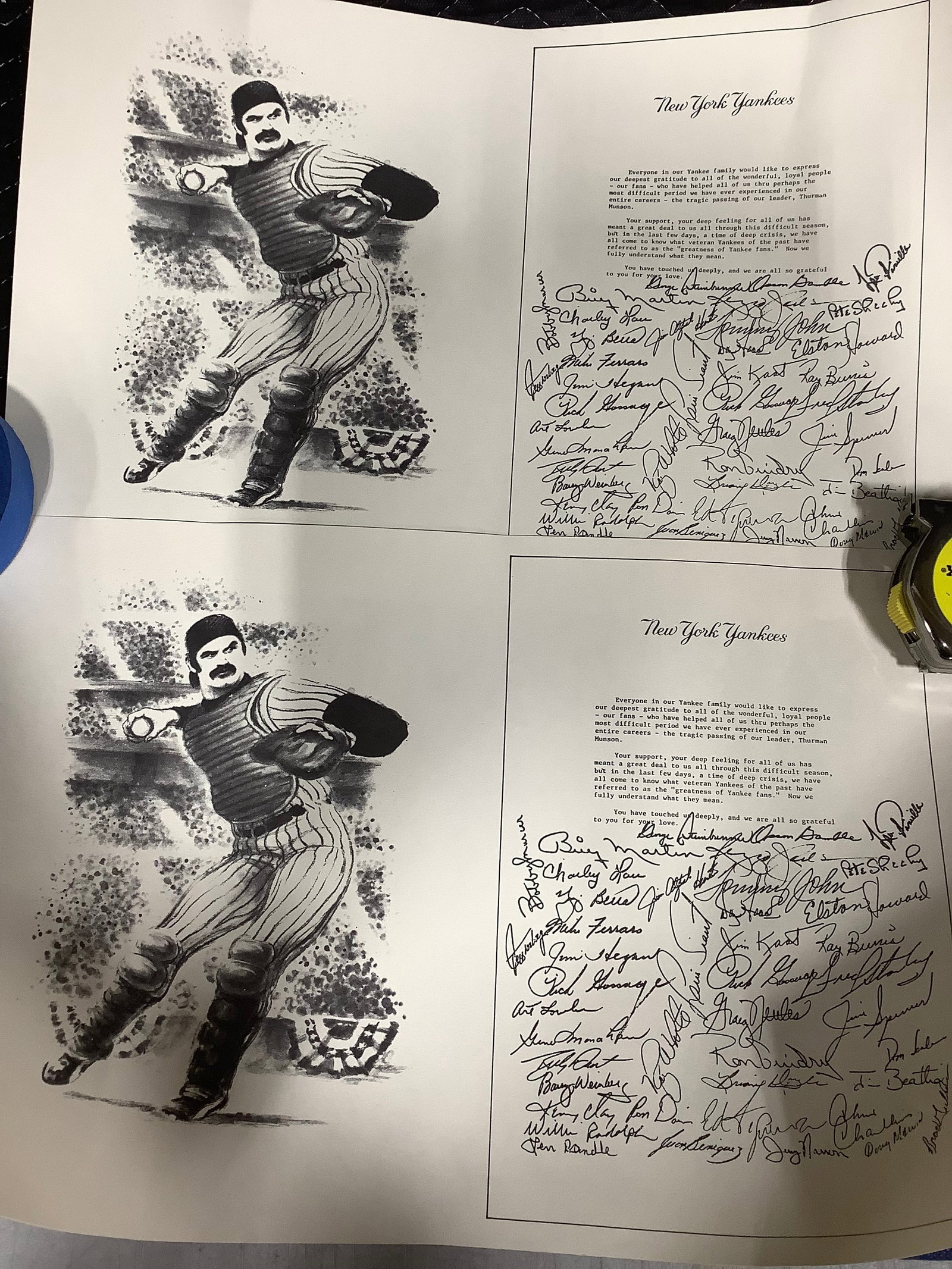 Vintage Thurman Munson NY Yankees passing letters facsimile team signed(11inx17in): Vintage Thurman Munson NY Yankees passing letters facsimile team signed(11inx17in)