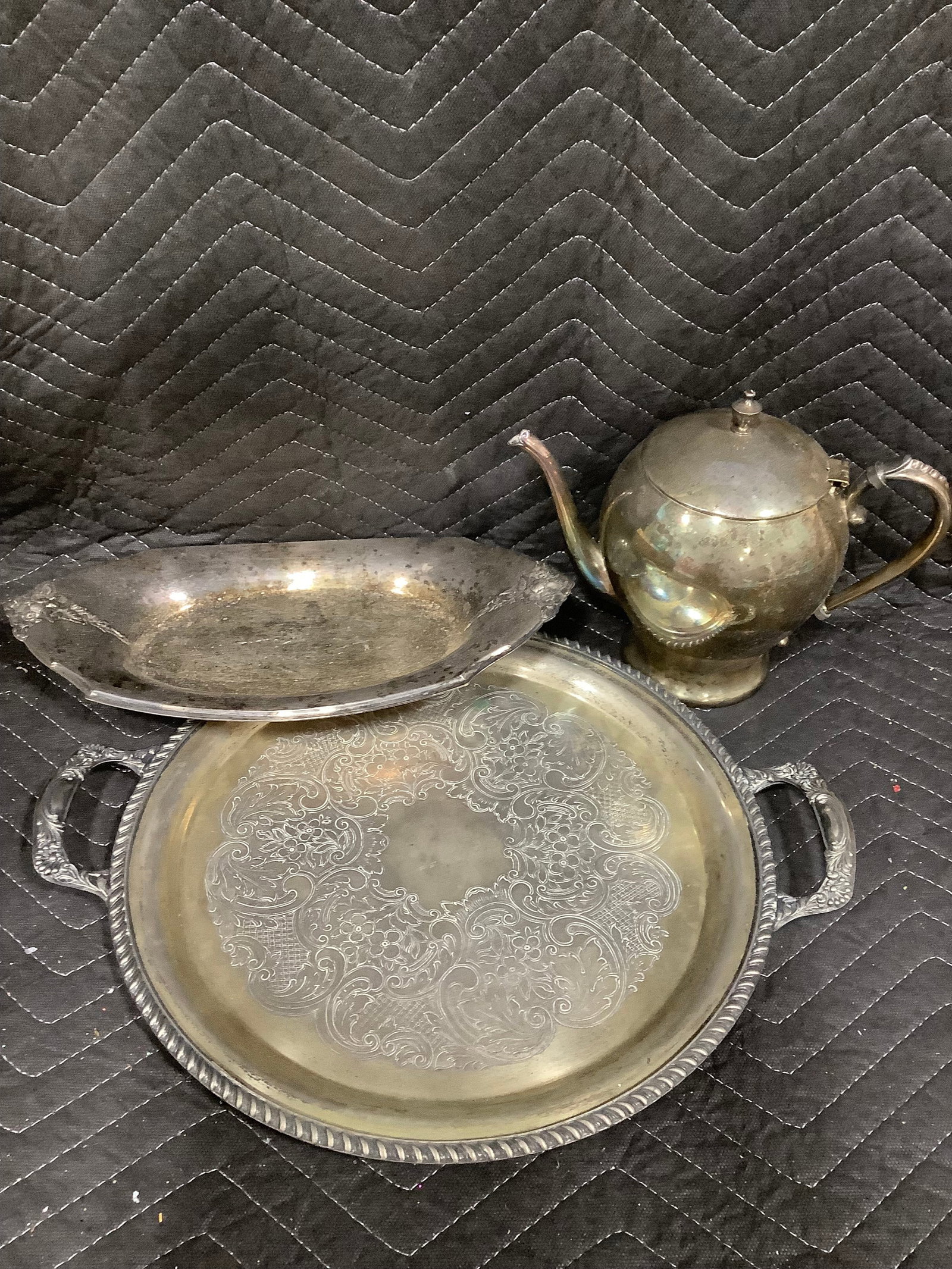 Silver plate serving trays and teapot (1 of 1)