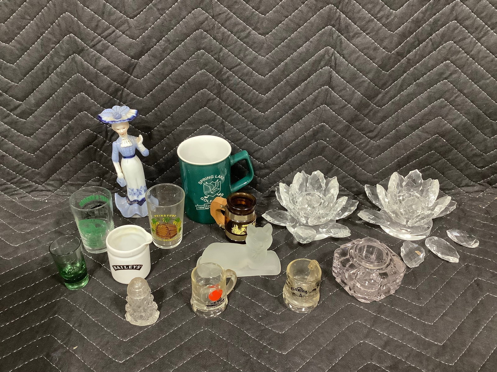 Crystal flower candleholders(one needs repair), Baileys pitcher, frosted glass cat statue, and more: Crystal flower candleholders(one needs repair), Baileys pitcher, frosted glass cat statue, and more
