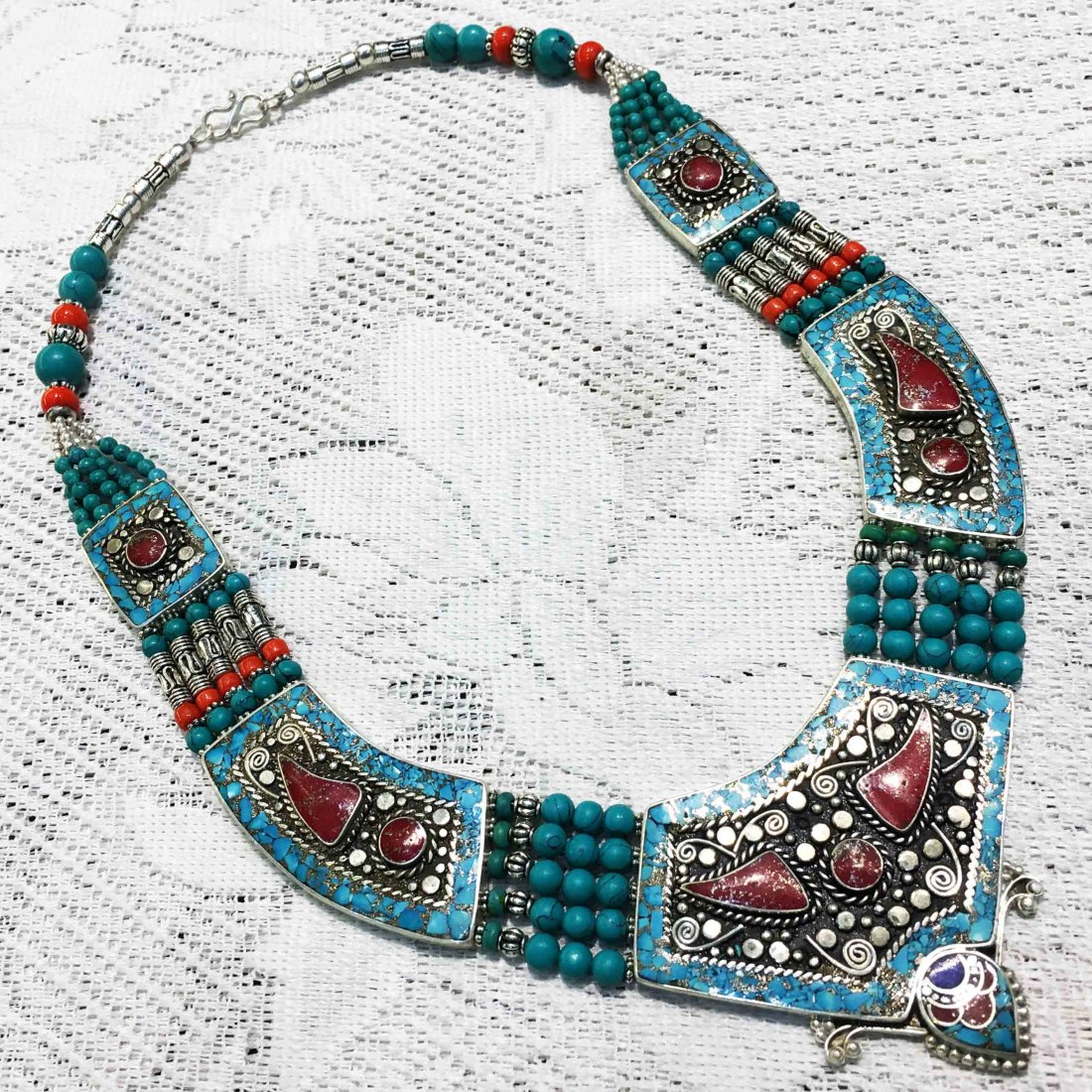 Mexican Bold Ethnic Turquoise Necklace: Incredible one of a kind pieces for all occasions. Great for yourself, gifts for friends, or even to sell in your own store!! We are now offering wholesale prices! Item: Antique Tibetan Handnad