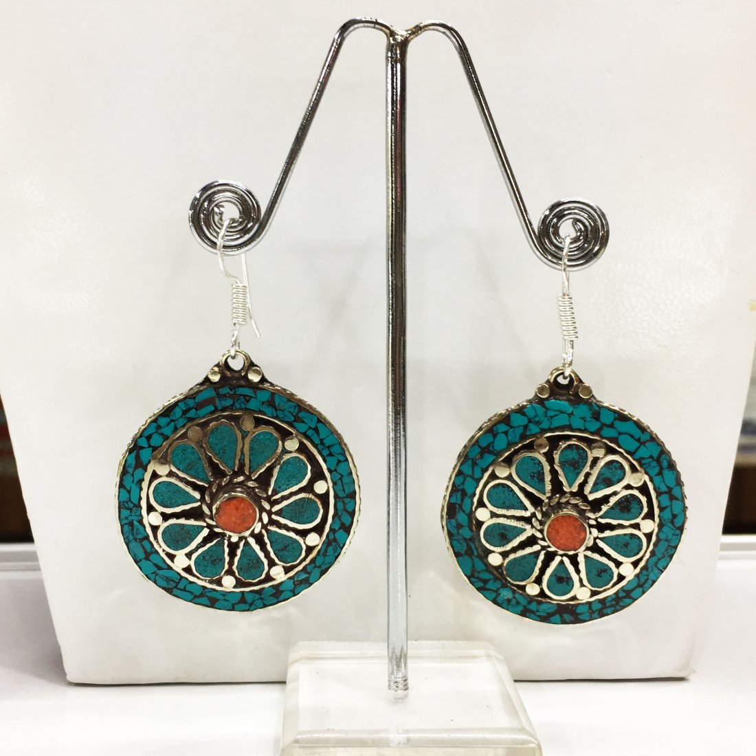 Mexican Bold Ethnic Turquoise Round Earring: Incredible one of a kind pieces for all occasions. Great for yourself, gifts for friends, or even to sell in your own store!! We are now offering wholesale prices! Item: Antique Tibetan Handnad