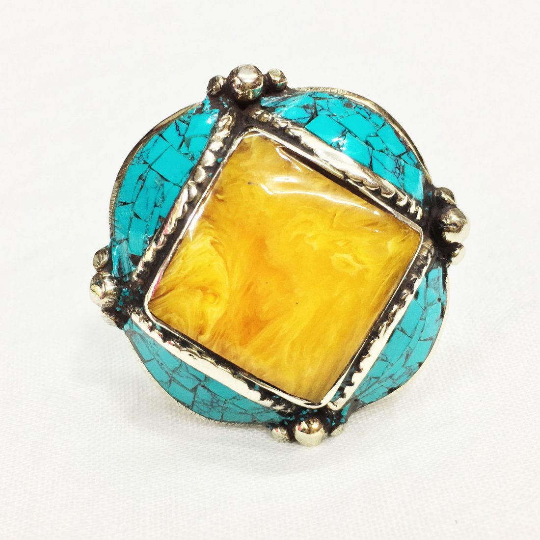 Free Size - Turquoise & Amber Tibetan Silver Ring (1 of 3)