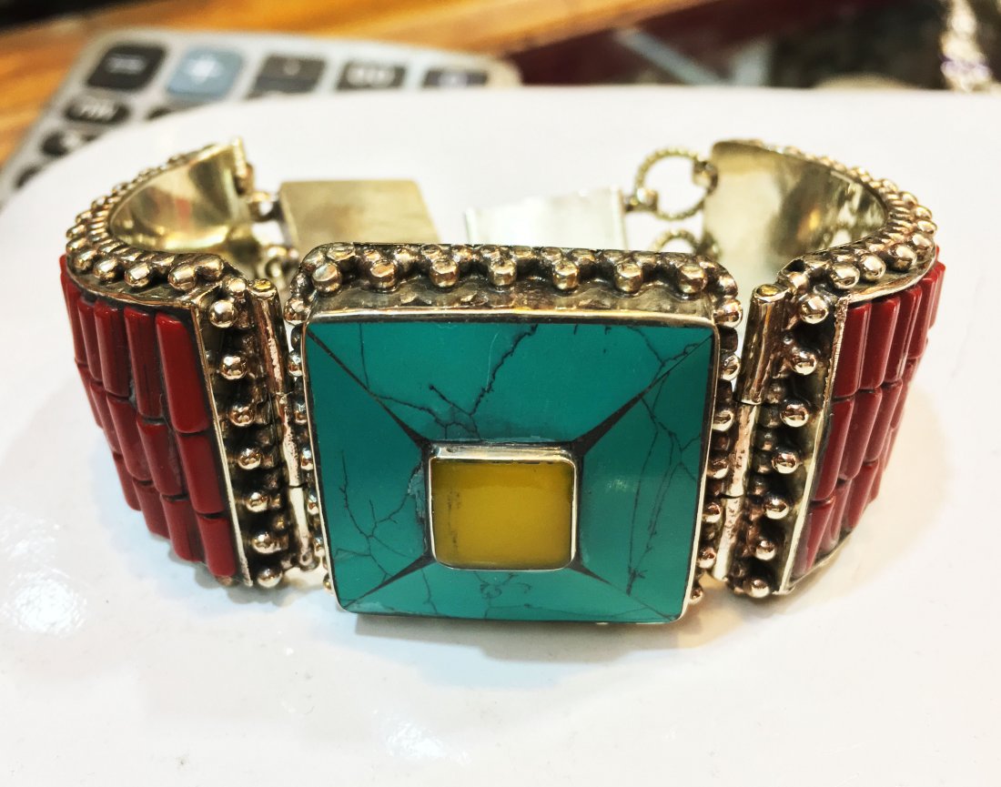 Buddhist Turquoise & Coral, Amber Vintage Old Bangle: Incredible one of a kind pieces for all occasions. Great for yourself, gifts for friends, or even to sell in your own store!! We are now offering wholesale prices! Item: Antique Tibetan Handnad