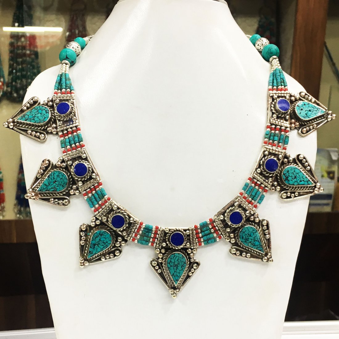 Tibetan Turquoise & Coral Statement Necklace (1 of 1)