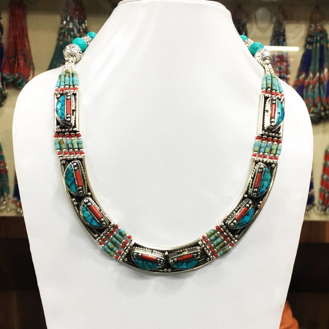 Nepalese Artisan Tibetan Lapis & Coral Necklace (1 of 1)