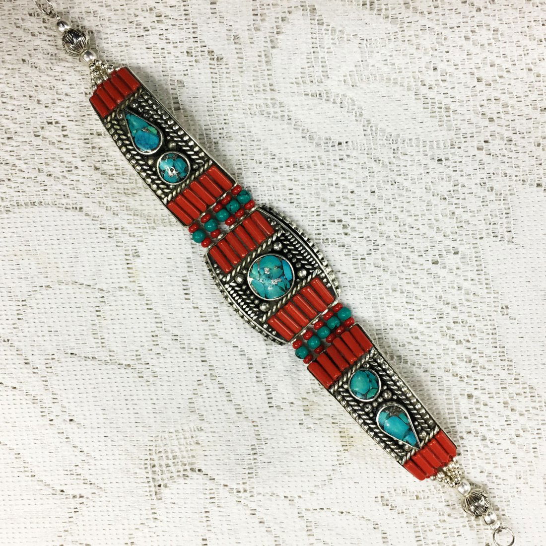 Nepal Natural Turquoise with Coral Beads Bracelet (1 of 1)
