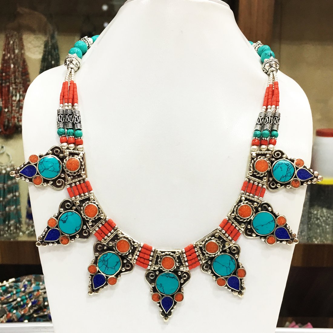 Tibetan Turquoise & Coral Mexican Necklace: Incredible one of a kind pieces for all occasions. Great for yourself, gifts for friends, or even to sell in your own store!! We are now offering wholesale prices! Item: Antique Tibetan Handmad