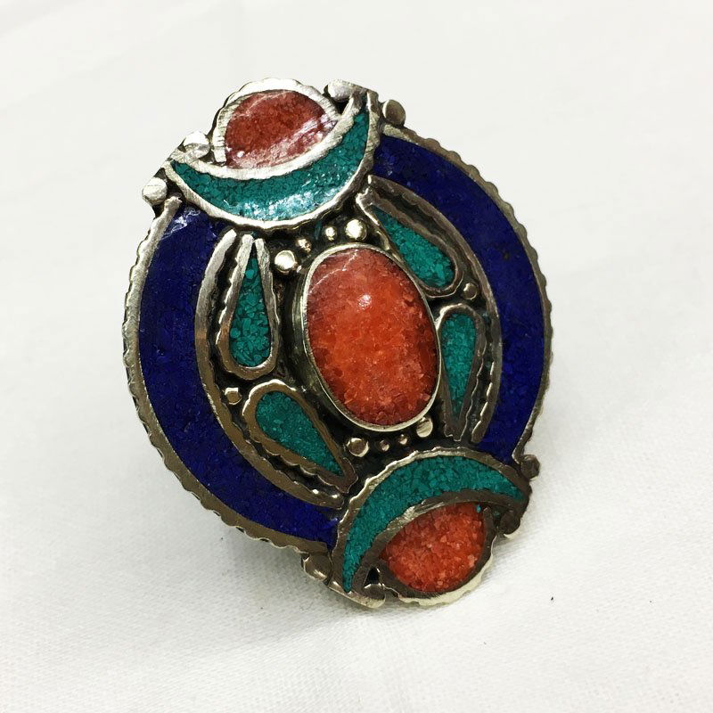 Free Size - Tibetan Turquoise & Coral Statement Ring (1 of 2)