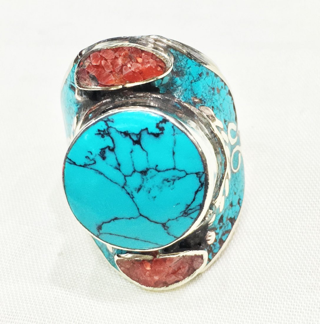 10MM Turquoise & Coral Tibetan Handmade Ring (1 of 1)