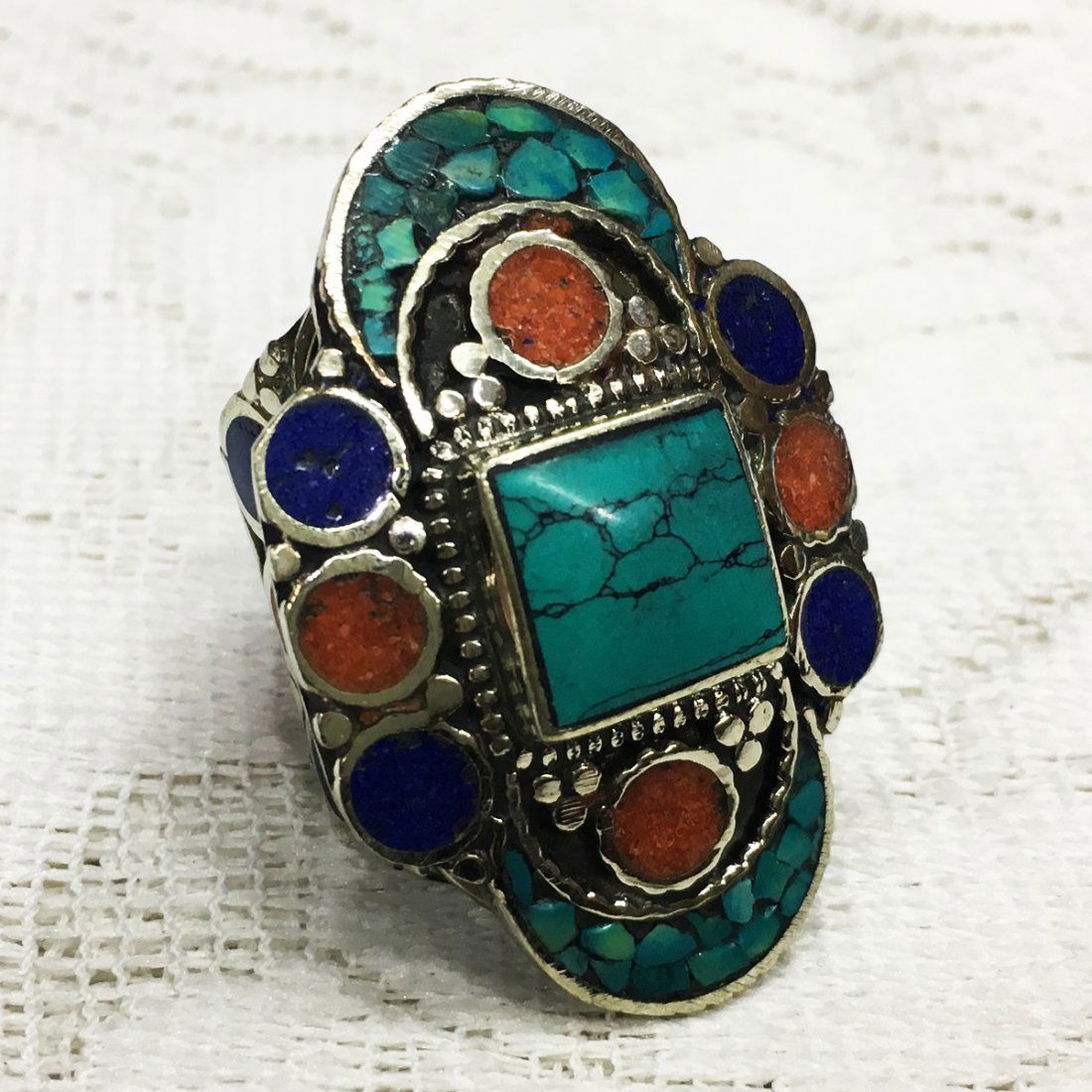 Free size - Vintage Tibetan Coral Turquoise Beaded Ring (1 of 1)