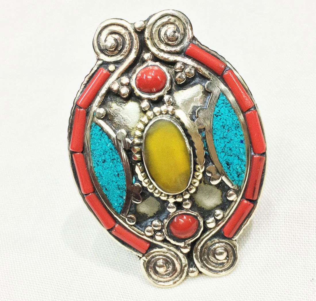 Free size Antique Tibetan Amber & Red Coral Ring (1 of 1)