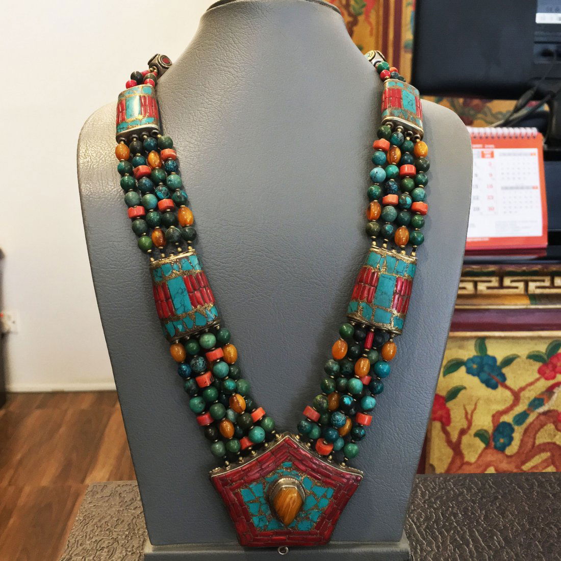 Tibetan Turquoise & Amber Statement Necklace (1 of 1)