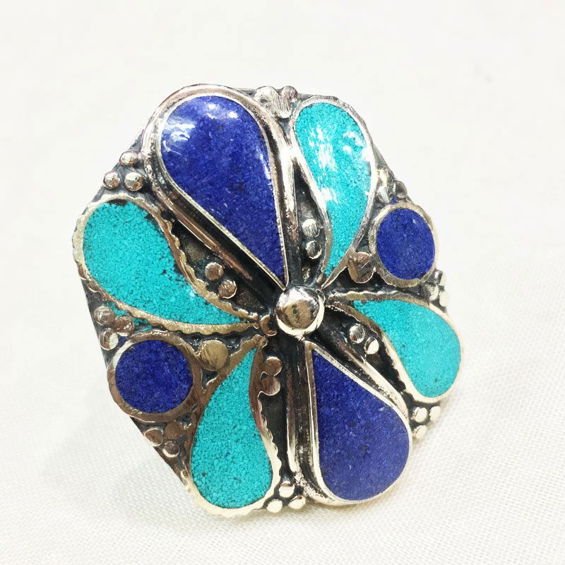 Free size - Amber-Coral-Lapis Tibetan Silver Ring (1 of 2)