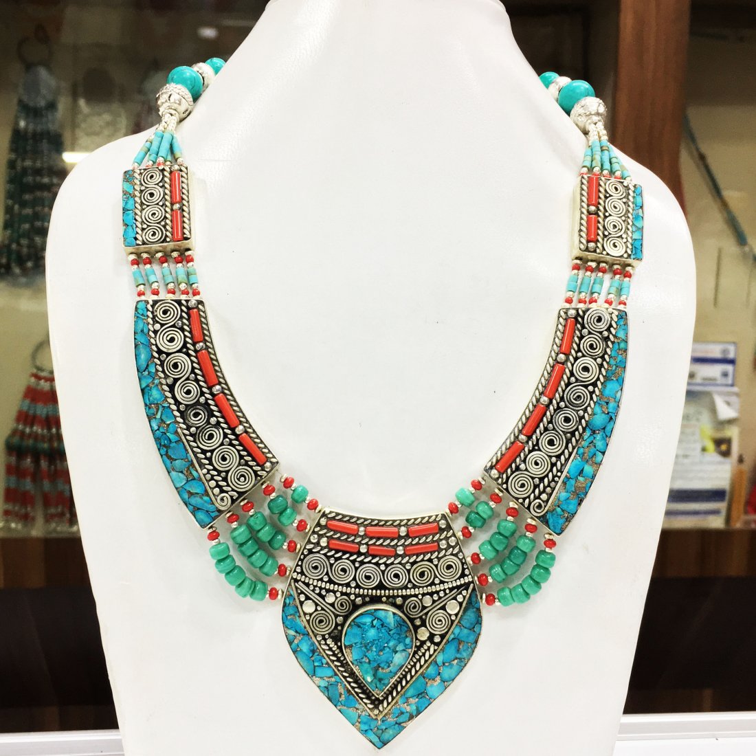 Turquoise & coral Tribal Bohemian Big Necklace (1 of 1)