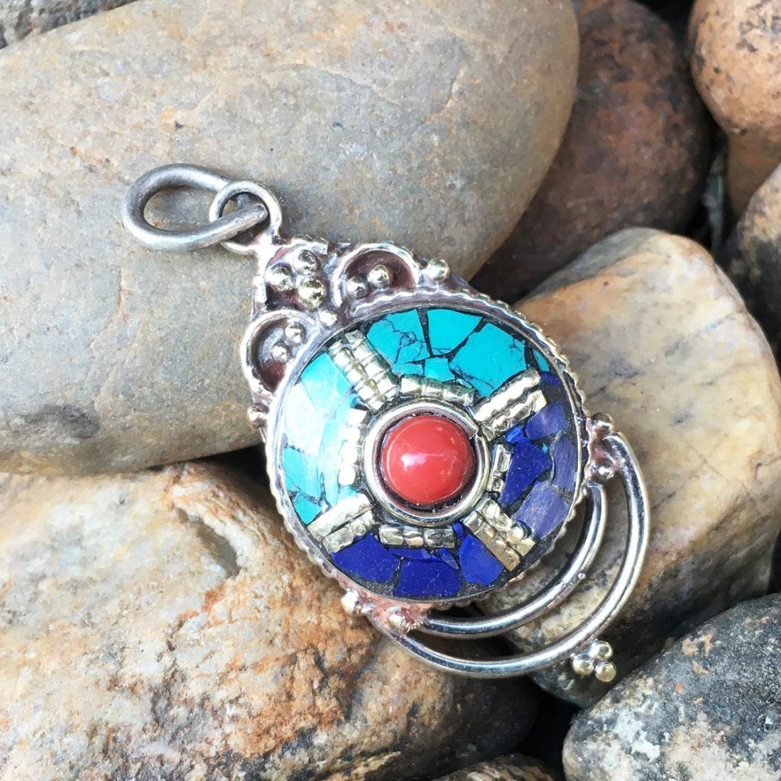 Turquoise & Lapis Tibetan Silver Handmade Pendant (1 of 1)