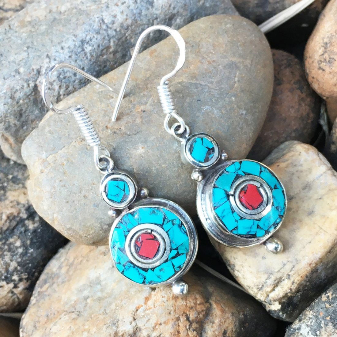 Nepalese Handmade Turquoise & Coral Earring (1 of 1)