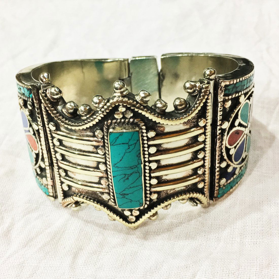 Nepali Handmade Tibetan Turquoise & Coral Bangle (1 of 2)