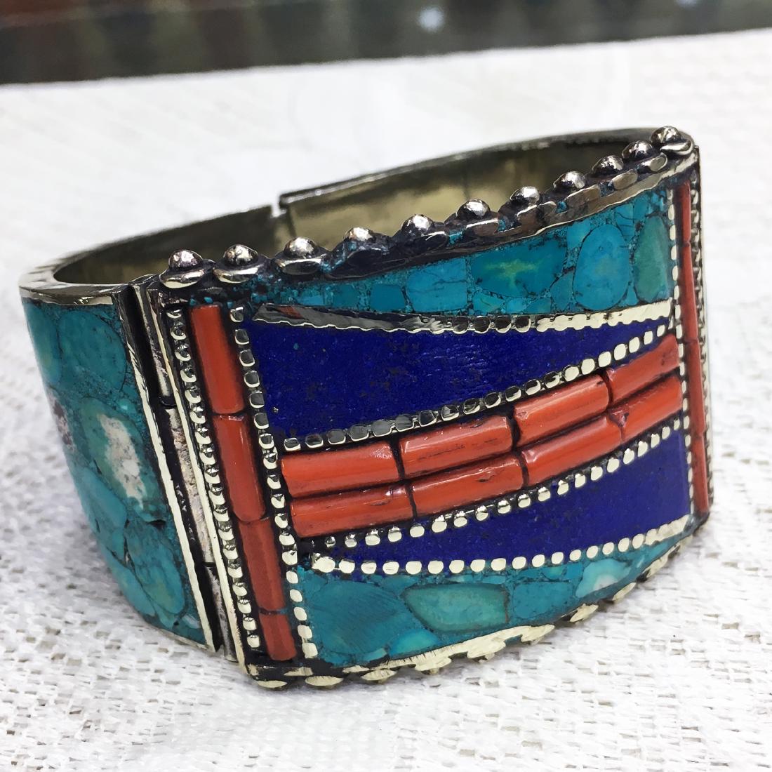 Tibetan Turquoise & Coral Statement Bangle (1 of 2)