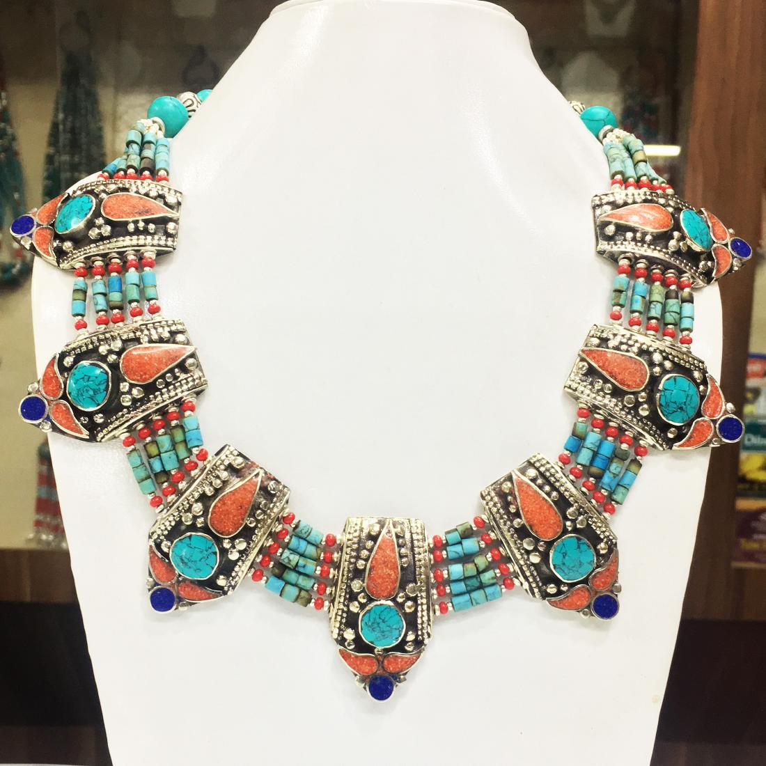Turquoise & coral Tribal Bohemian Big Necklace (1 of 1)