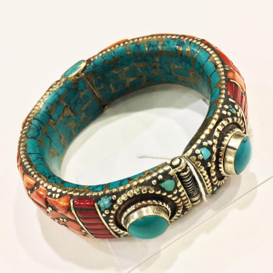 Turquoise & Coral Tibetan Sterling silver Bangle (1 of 4)
