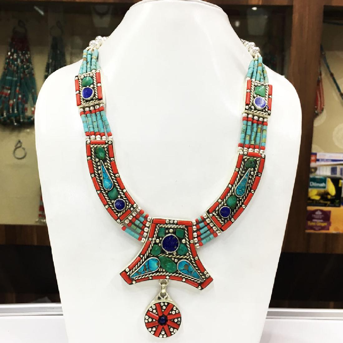 Tibetan Turquoise & Coral Statement Necklace (1 of 1)