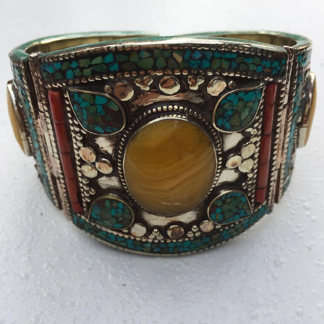 Amber-Coral-Lapis Tibetan Silver Bangle (1 of 3)