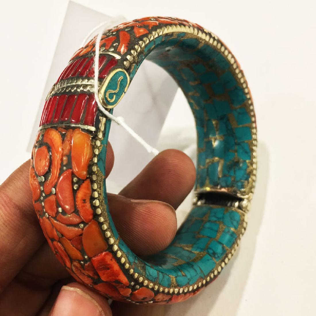 Turquoise & Coral Tibetan 925 Sterling silver Bangle (1 of 4)