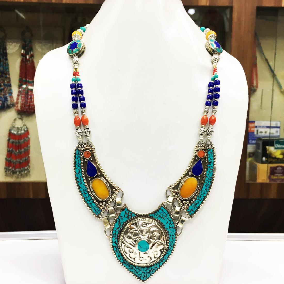 Gypsy Tibetan Designer Turquoise & Coral Long Necklace (1 of 1)