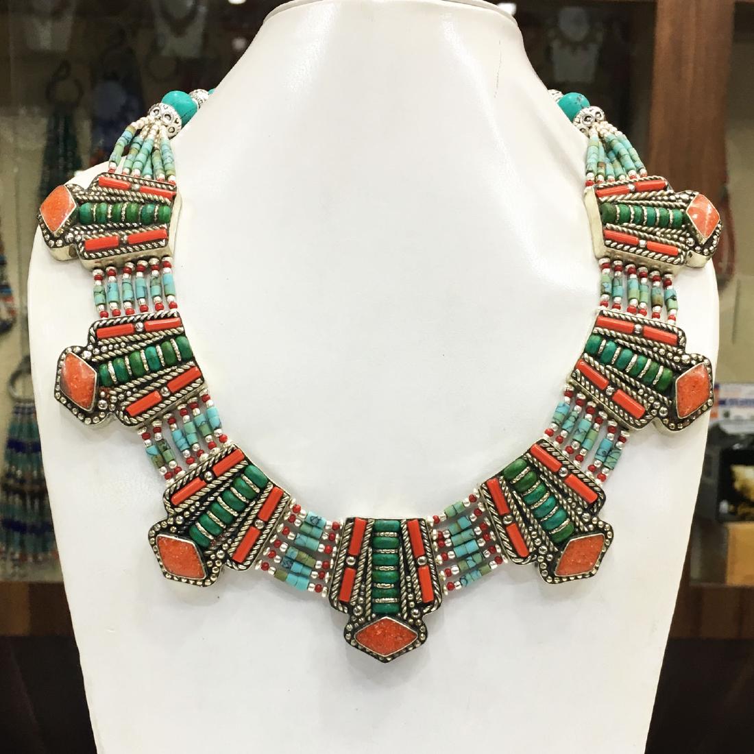 Nepalese Tibetan Silver Amber & Turquoise Necklace (1 of 1)